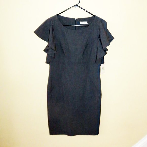 Calvin Klein Sheath Dress, Gray with Ruffled Sleeves, Sz 8 NWT - Picture 4 of 10